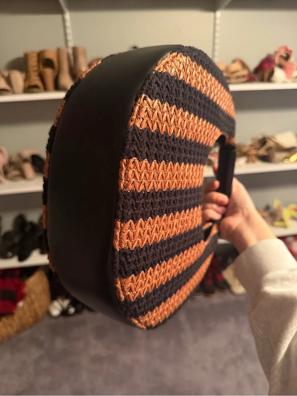 Staud moon raffia - Woven Straw-Style Black and Brown Stripe Dress Hobo Bag
